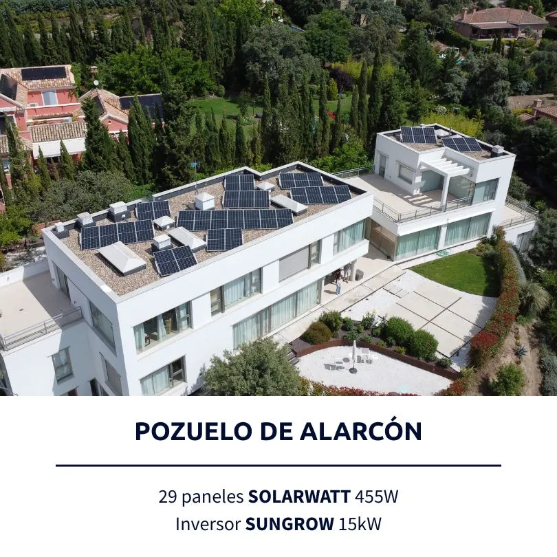 Instalación solar de Lumio en Pozuelo de Alarcón: 29 paneles SOLARWATT 455W, inversor SUNGROW 15kW