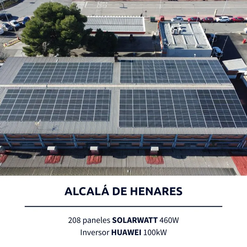 Instalación solar de Lumio en Alcalá de Henares: 208 paneles SOLARWATT 460W, inversor HUAWEI 100kW