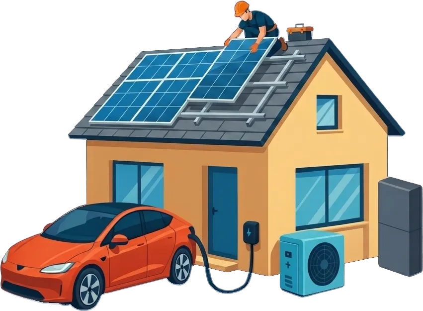 Instalador añadiendo placas solares nuevas al tejado de una vivienda que ya tiene placas, batería, aerotermia y un coche eléctrico cargando