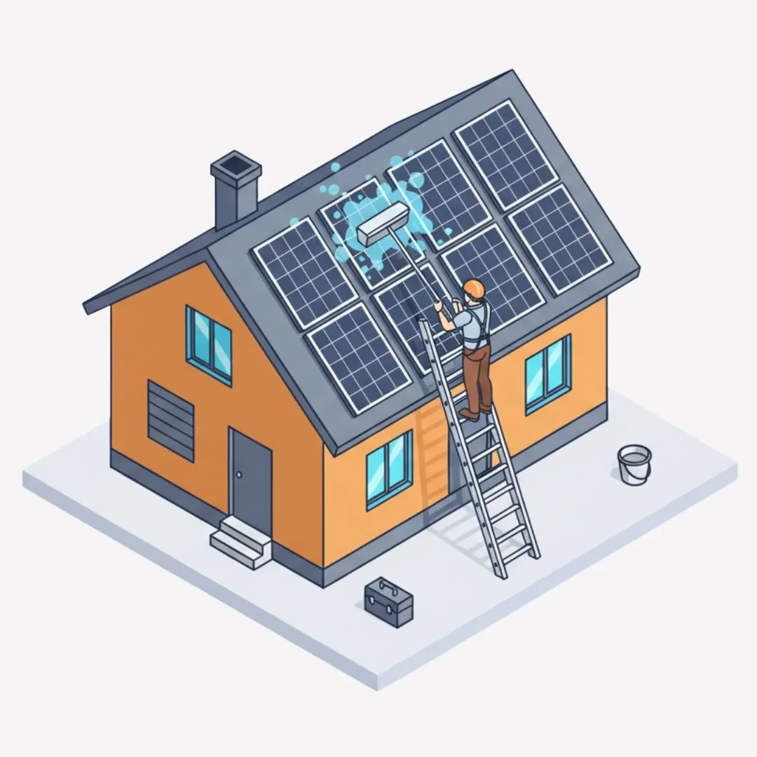 Técnico de Lumio limpiando las placas solares de una vivienda durante un mantenimiento