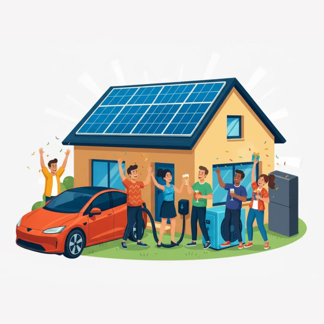 Familia y amigos celebrando junto a una casa con placas solares, batería y coche eléctrico cargando